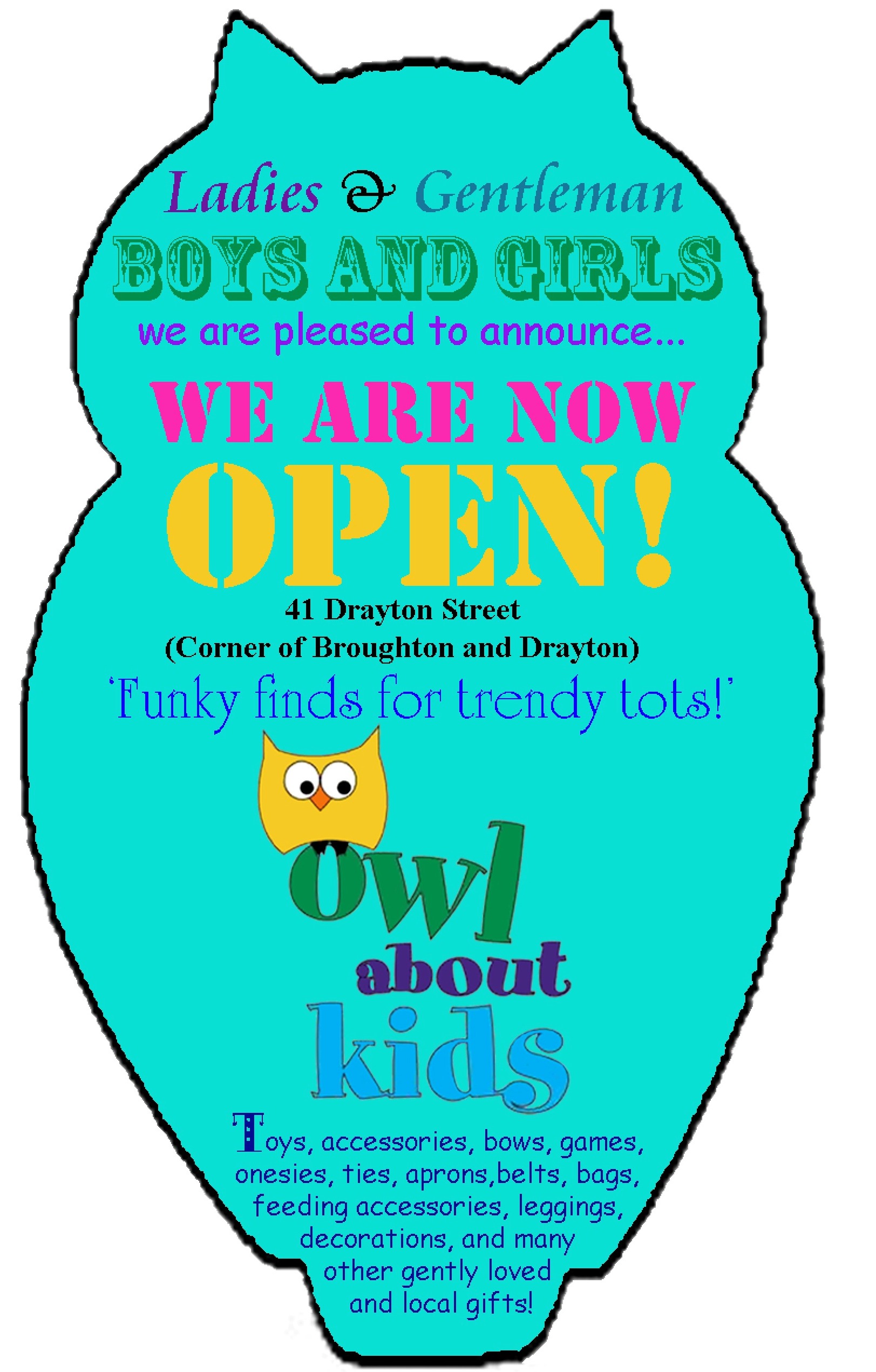 Owl About Kids grand opening funky kids accessories clothes in Savannah