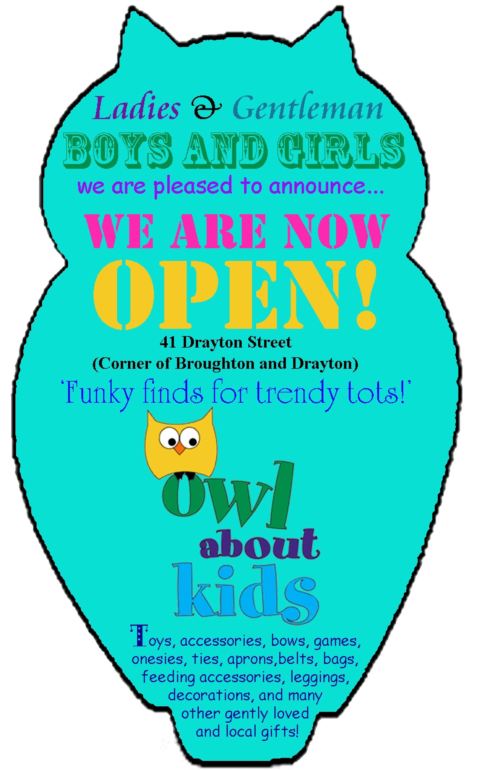 Owl About Kids grand opening funky kids accessories clothes in Savannah