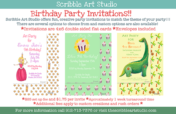 Custom Party invites Scribble Art Studio Art Children Birthday Parties Savannah Pooler 