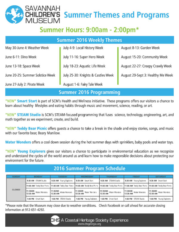 Summer Daily Programs 2016 Savannah Children's Museum 