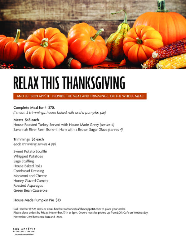 Thankgiving meal sides orders catering Savannah Bon Appetit SCAD 