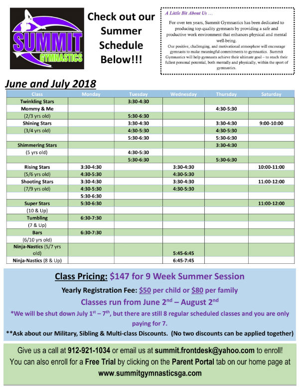 Summit Gymnastics Savannah Classes Workshops youth kids 