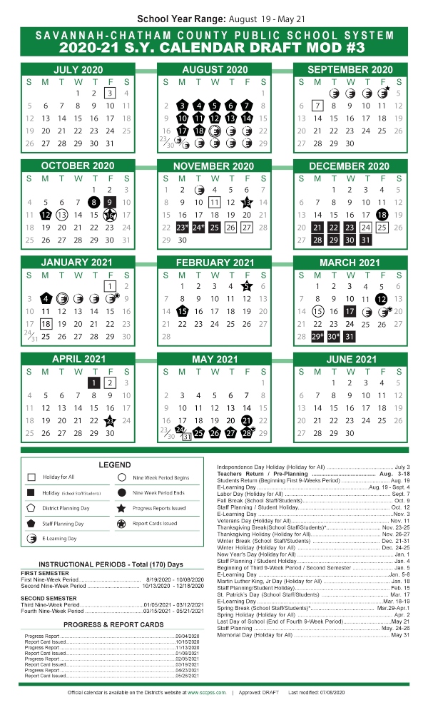 Savannah Chatham public schools calendar 2020-21 new modified 