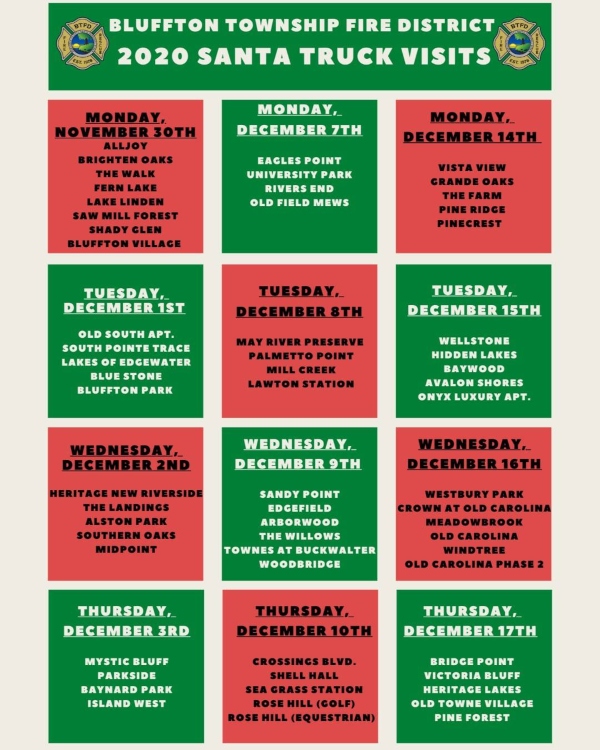 Bluffton Fire Santa fire truck 2020 holidays events kids
