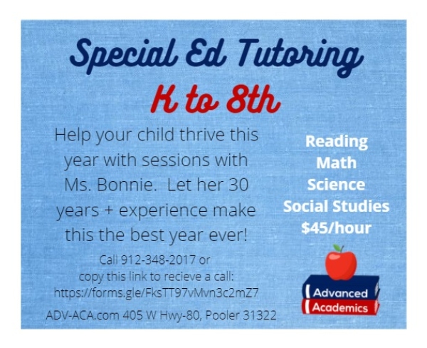 Sped Ed Tutoring K-8th Advanced academics pooler Savannah 