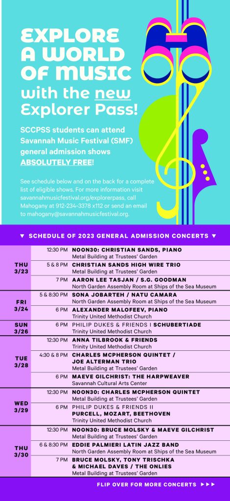 Savannah Music Festival Explorer Pass free concerts 2023 SCCPSS students public schools 